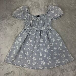 Blu Pepper Floral Chambray Denim Mini Dress Babydoll Cottagecore Women's L